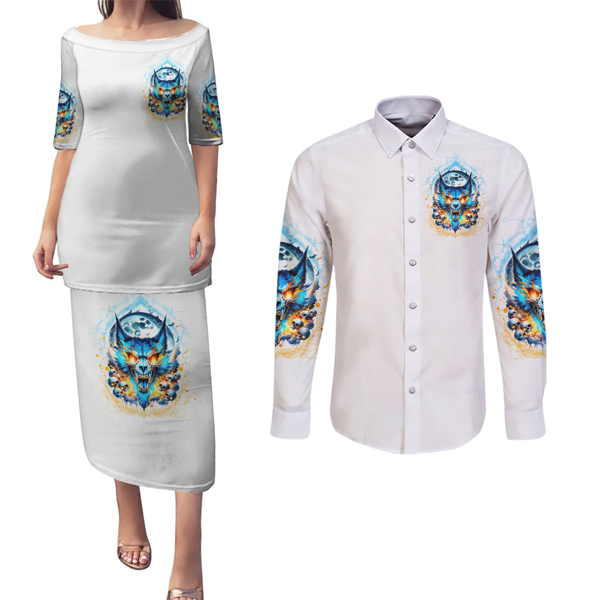 Wolf Skull Couples Matching Puletasi and Long Sleeve Button Shirt You First Mistake Was Thinking I Was One Of The Sheep - Wonder Print Shop
