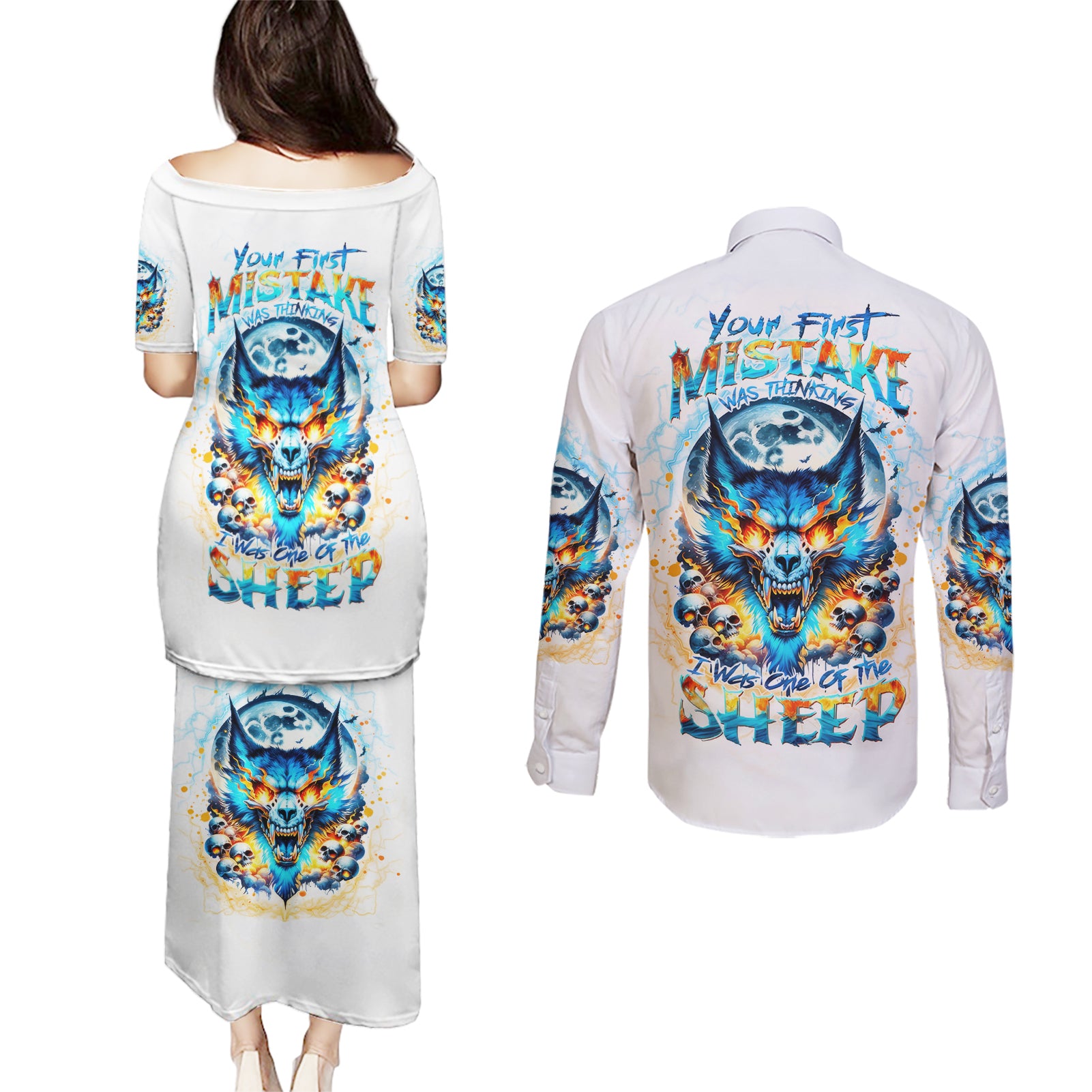 Wolf Skull Couples Matching Puletasi and Long Sleeve Button Shirt You First Mistake Was Thinking I Was One Of The Sheep - Wonder Print Shop