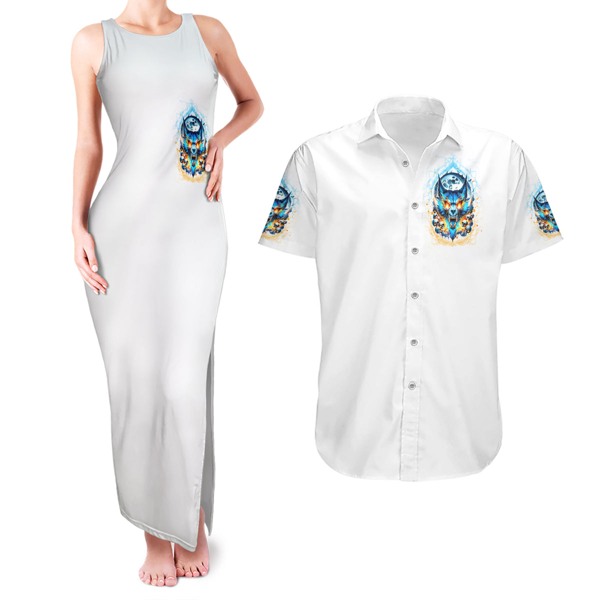 Wolf Skull Couples Matching Tank Maxi Dress and Hawaiian Shirt You First Mistake Was Thinking I Was One Of The Sheep - Wonder Print Shop