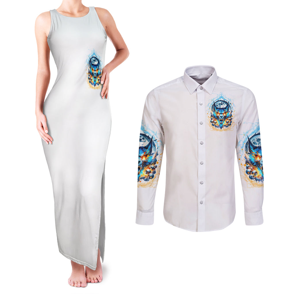 Wolf Skull Couples Matching Tank Maxi Dress and Long Sleeve Button Shirt You First Mistake Was Thinking I Was One Of The Sheep - Wonder Print Shop