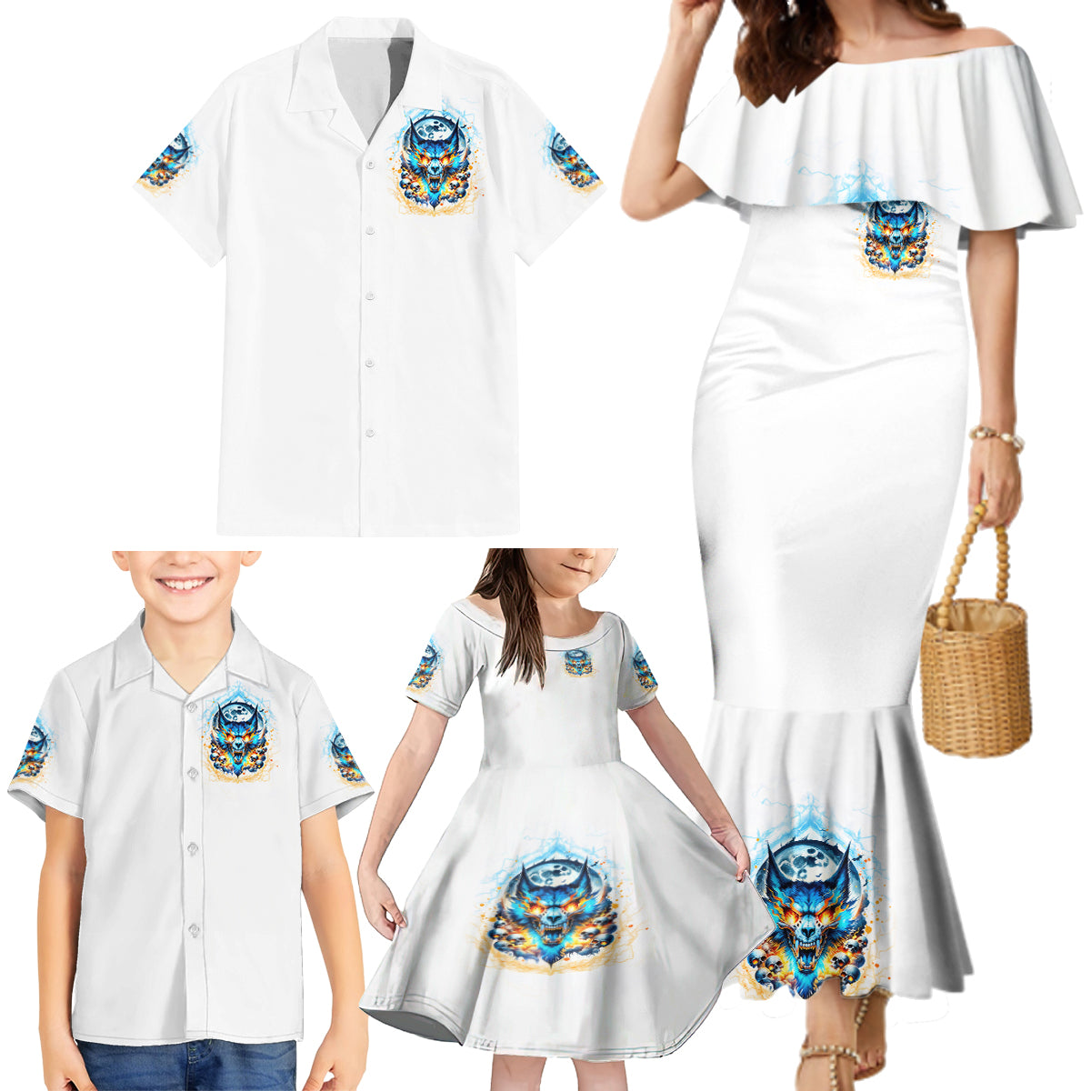 Wolf Skull Family Matching Mermaid Dress and Hawaiian Shirt You First Mistake Was Thinking I Was One Of The Sheep - Wonder Print Shop