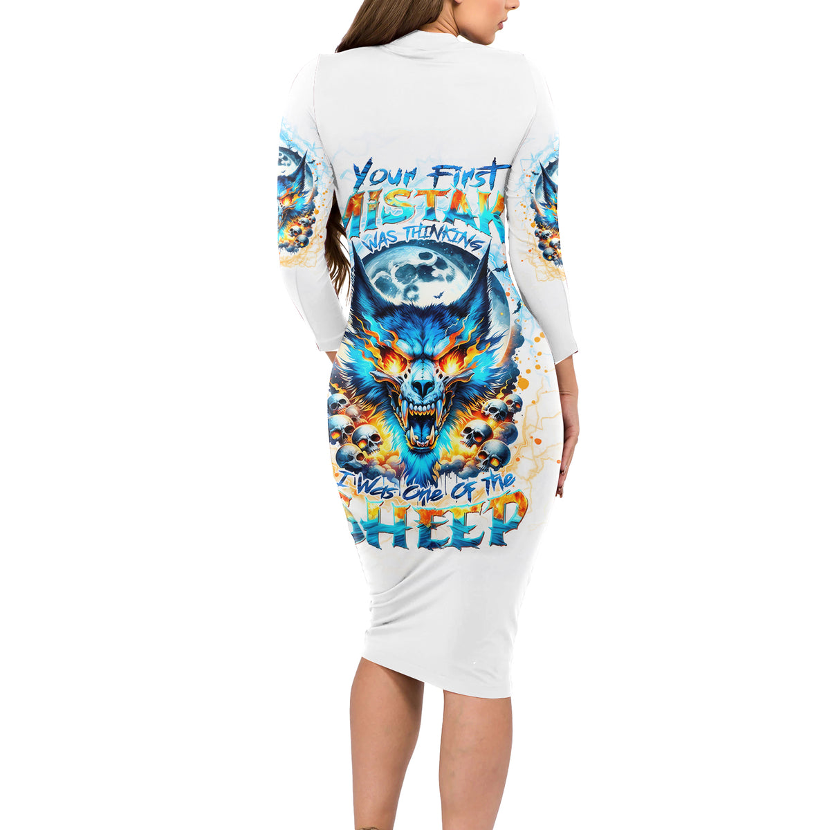 Wolf Skull Long Sleeve Bodycon Dress You First Mistake Was Thinking I Was One Of The Sheep - Wonder Print Shop