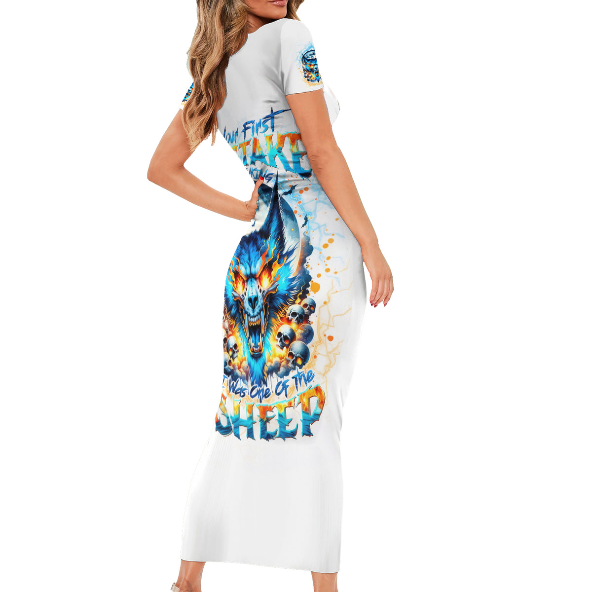 Wolf Skull Short Sleeve Bodycon Dress You First Mistake Was Thinking I Was One Of The Sheep - Wonder Print Shop