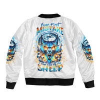 Wolf Skull Sleeve Zip Bomber Jacket You First Mistake Was Thinking I Was One Of The Sheep - Wonder Print Shop