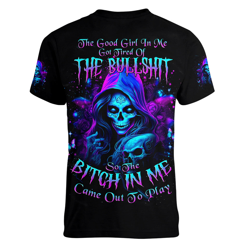 Witch Skull Women V Neck T Shirt The Good Girl In Me Got Tired Of The Bullshit - Wonder Print Shop