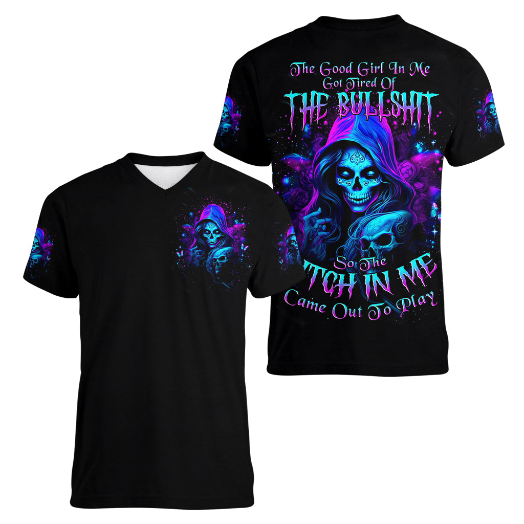 Witch Skull Women V Neck T Shirt The Good Girl In Me Got Tired Of The Bullshit - Wonder Print Shop