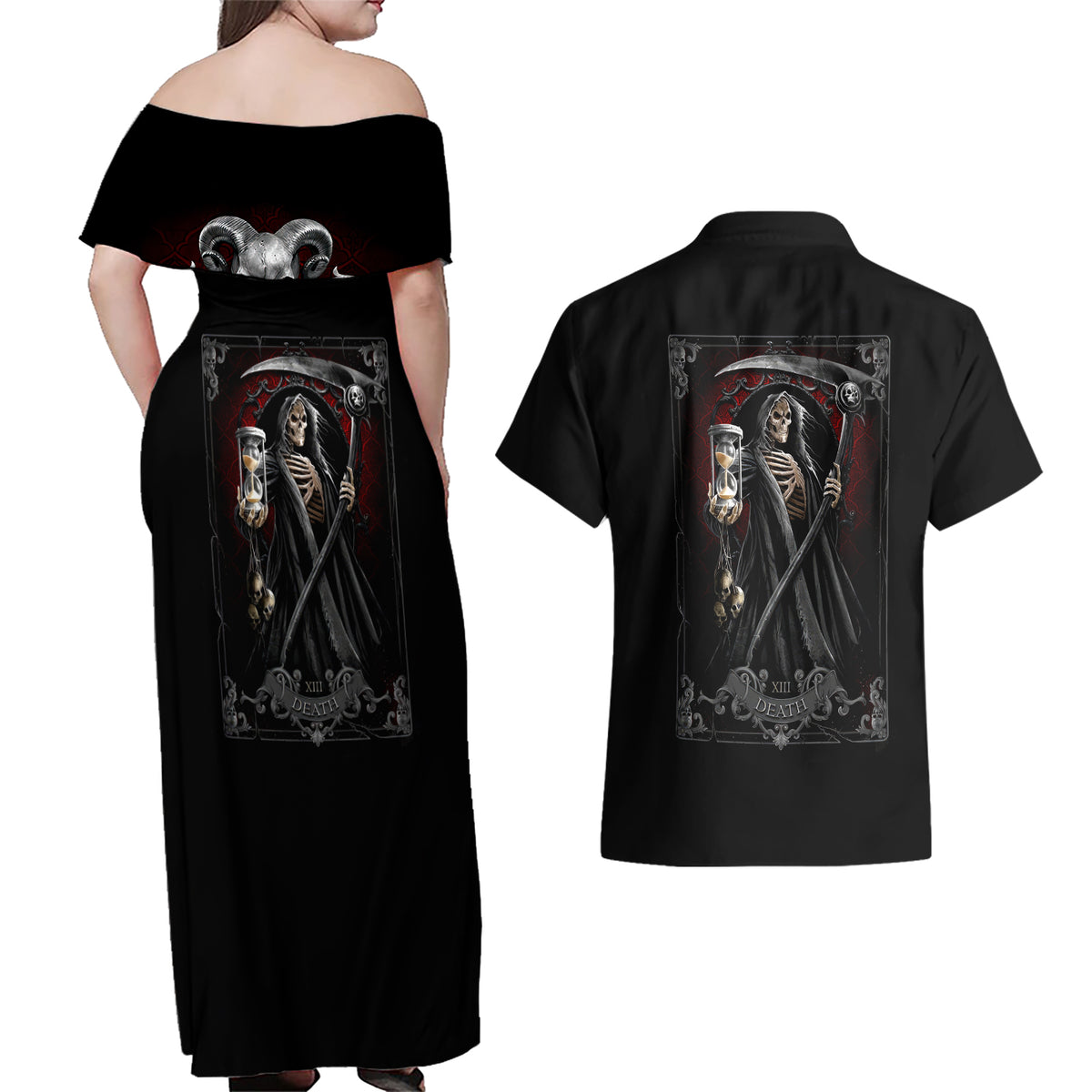 Skull Couples Matching Off Shoulder Maxi Dress and Hawaiian Shirt Death Reaper Arcana - Wonder Print Shop