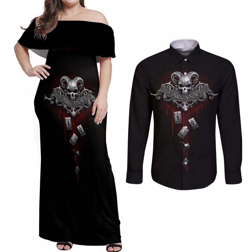 Skull Couples Matching Off Shoulder Maxi Dress and Long Sleeve Button Shirts Death Reaper Arcana - Wonder Print Shop