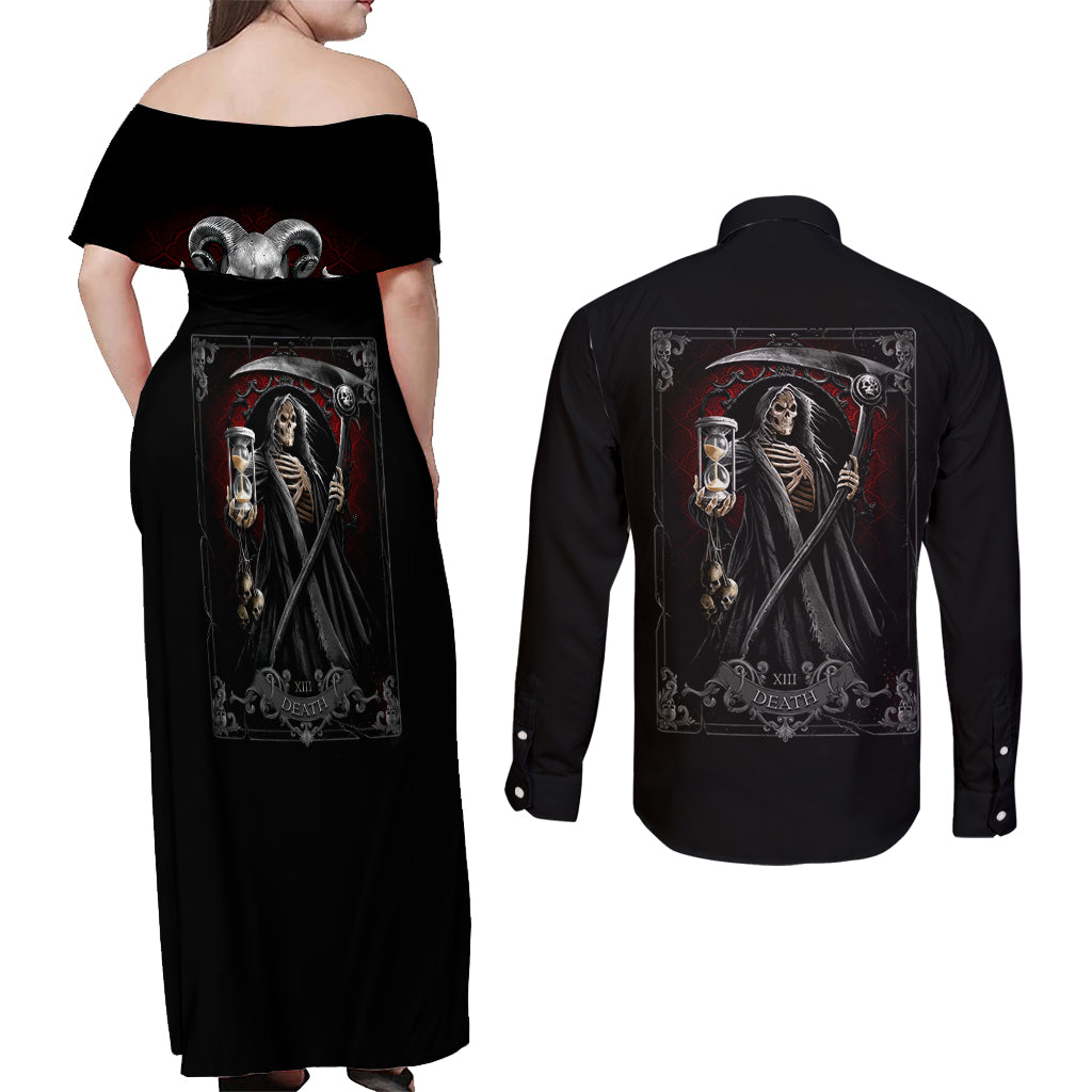 Skull Couples Matching Off Shoulder Maxi Dress and Long Sleeve Button Shirts Death Reaper Arcana - Wonder Print Shop