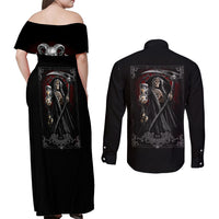 Skull Couples Matching Off Shoulder Maxi Dress and Long Sleeve Button Shirts Death Reaper Arcana - Wonder Print Shop