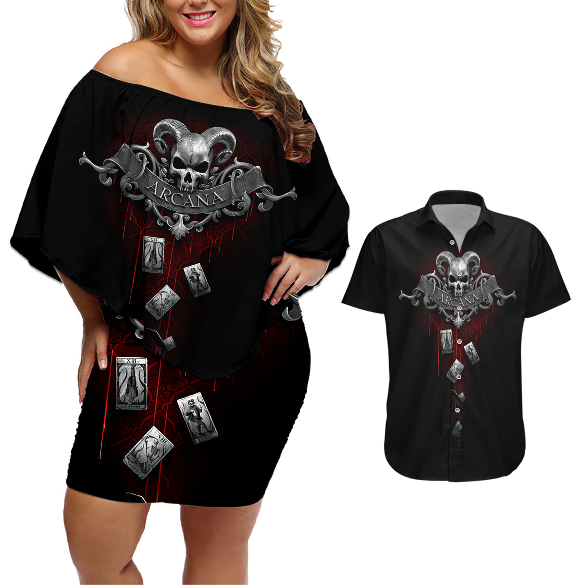 Skull Couples Matching Off Shoulder Short Dress and Hawaiian Shirt Death Reaper Arcana - Wonder Print Shop