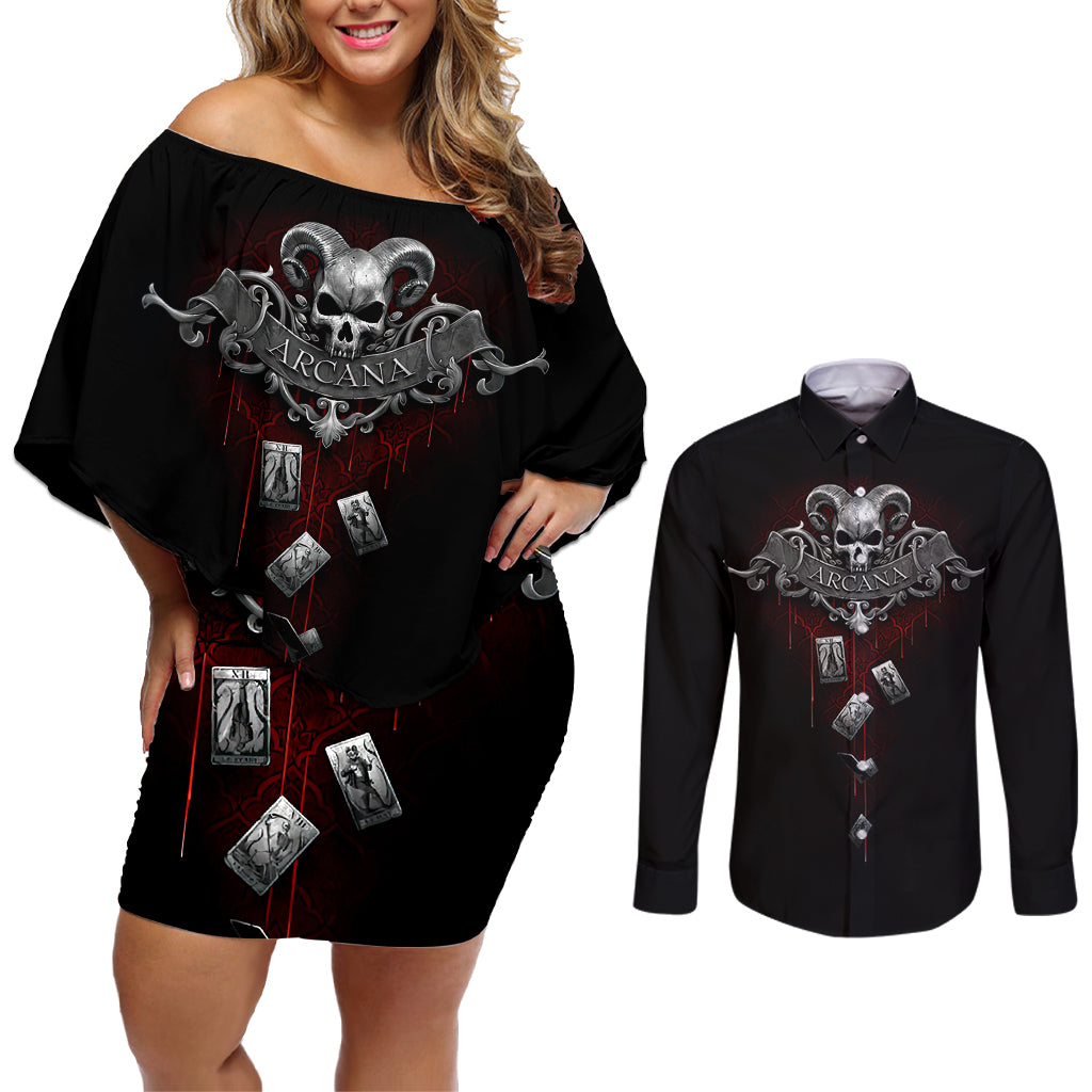 Skull Couples Matching Off Shoulder Short Dress and Long Sleeve Button Shirts Death Reaper Arcana - Wonder Print Shop