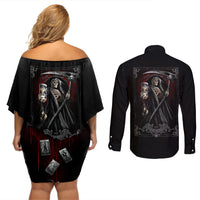 Skull Couples Matching Off Shoulder Short Dress and Long Sleeve Button Shirts Death Reaper Arcana - Wonder Print Shop