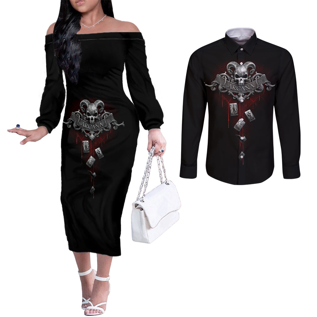 Skull Couples Matching Off The Shoulder Long Sleeve Dress and Long Sleeve Button Shirts Death Reaper Arcana DT01