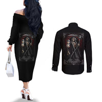 Skull Couples Matching Off The Shoulder Long Sleeve Dress and Long Sleeve Button Shirts Death Reaper Arcana DT01