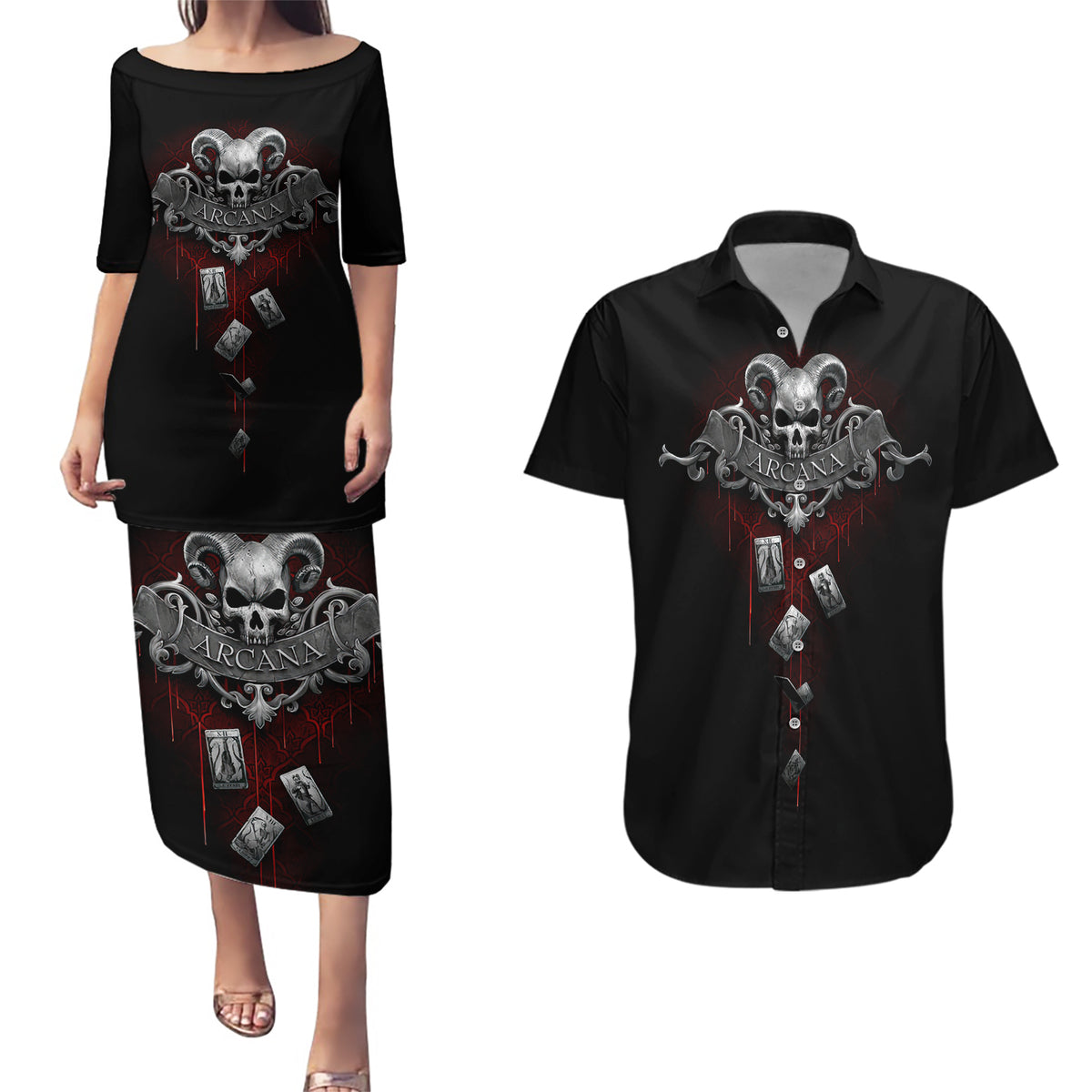 Skull Couples Matching Puletasi Dress and Hawaiian Shirt Death Reaper Arcana - Wonder Print Shop
