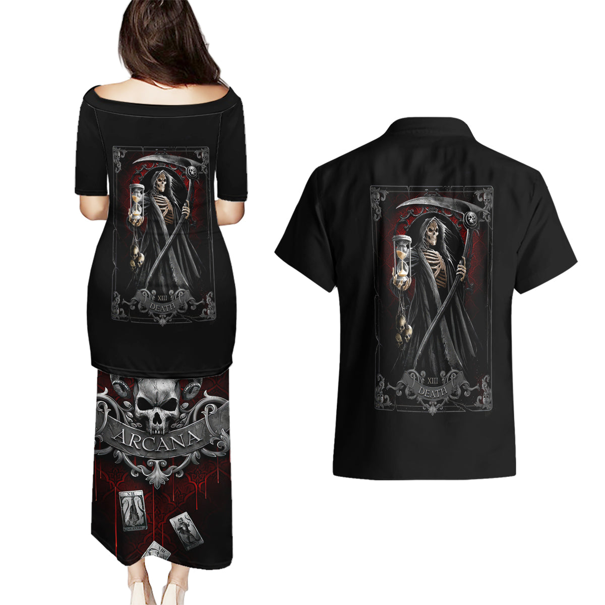 Skull Couples Matching Puletasi Dress and Hawaiian Shirt Death Reaper Arcana - Wonder Print Shop