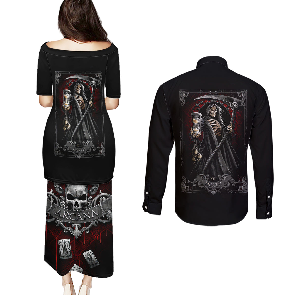Skull Couples Matching Puletasi Dress and Long Sleeve Button Shirts Death Reaper Arcana - Wonder Print Shop