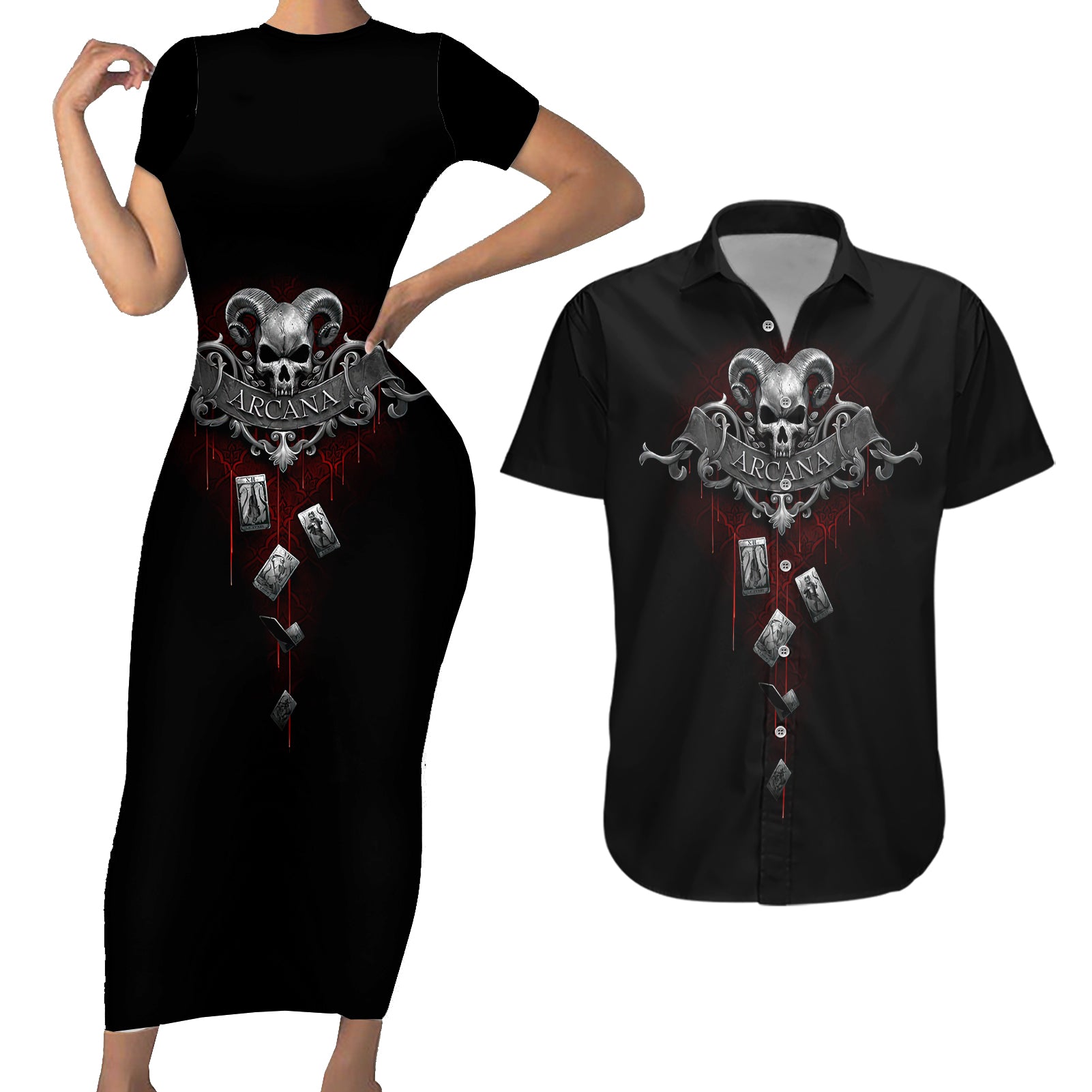 Skull Couples Matching Short Sleeve Bodycon Dress and Hawaiian Shirt Death Reaper Arcana - Wonder Print Shop