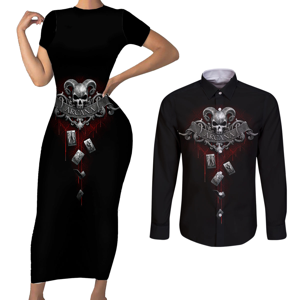 Skull Couples Matching Short Sleeve Bodycon Dress and Long Sleeve Button Shirts Death Reaper Arcana - Wonder Print Shop