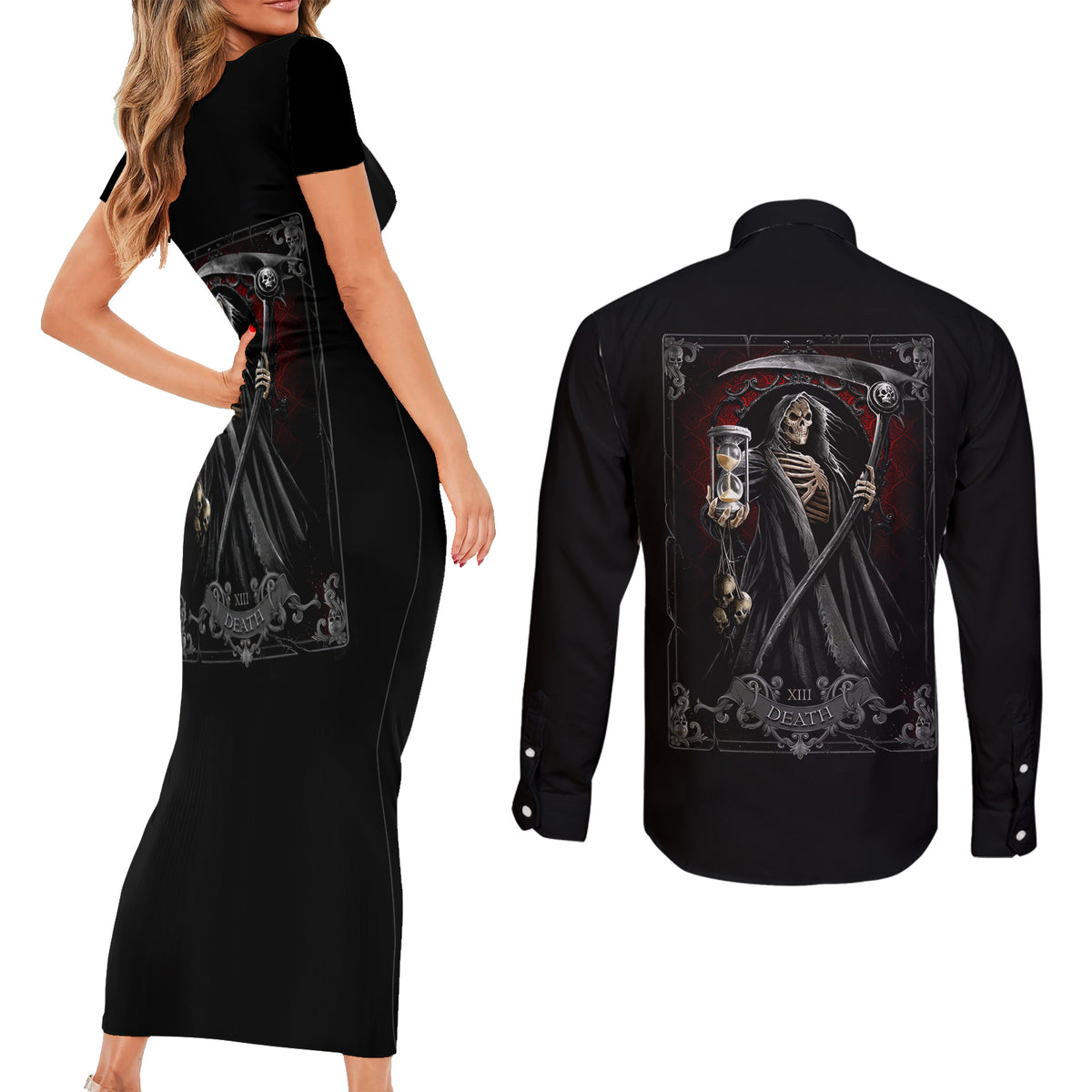 Skull Couples Matching Short Sleeve Bodycon Dress and Long Sleeve Button Shirts Death Reaper Arcana - Wonder Print Shop