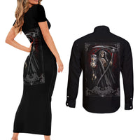 Skull Couples Matching Short Sleeve Bodycon Dress and Long Sleeve Button Shirts Death Reaper Arcana - Wonder Print Shop