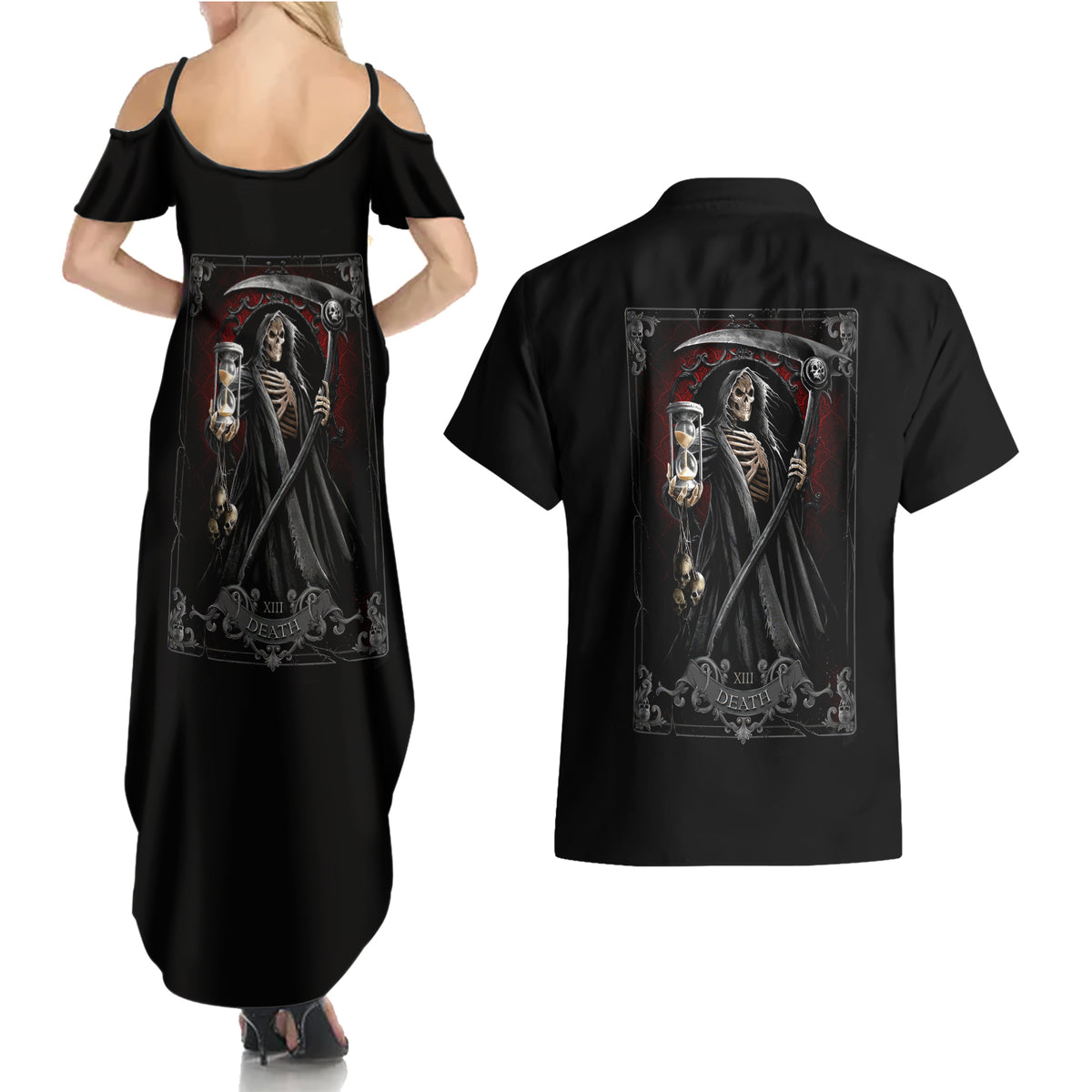 Skull Couples Matching Summer Maxi Dress and Hawaiian Shirt Death Reaper Arcana - Wonder Print Shop