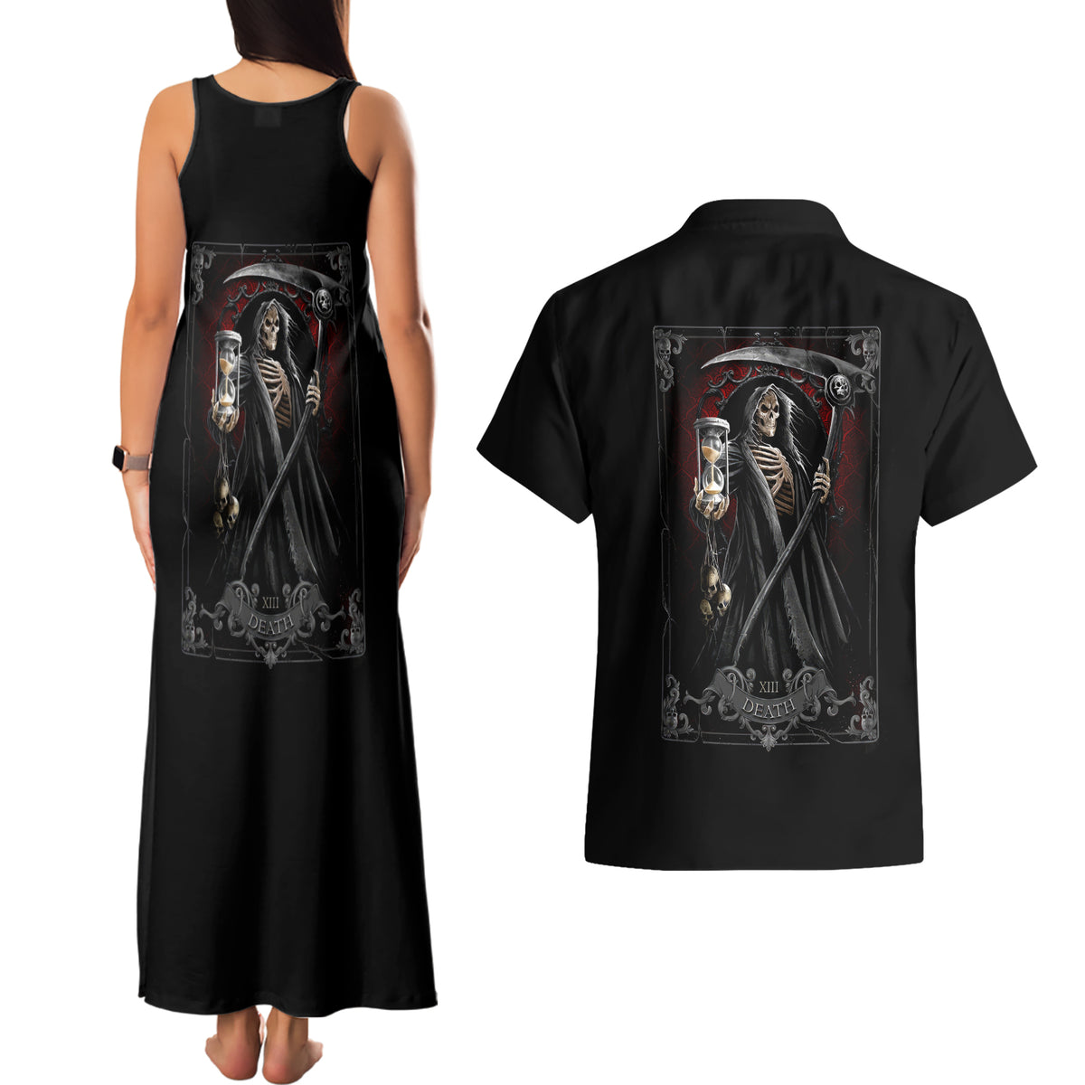 Skull Couples Matching Tank Maxi Dress And Hawaiian Shirt Death Reaper Arcana - Wonder Print Shop