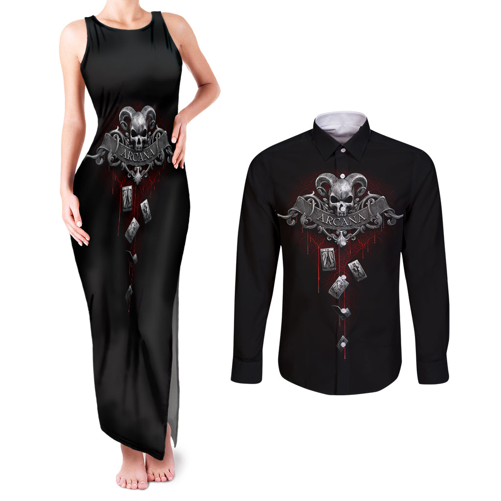 Skull Couples Matching Tank Maxi Dress and Long Sleeve Button Shirts Death Reaper Arcana - Wonder Print Shop