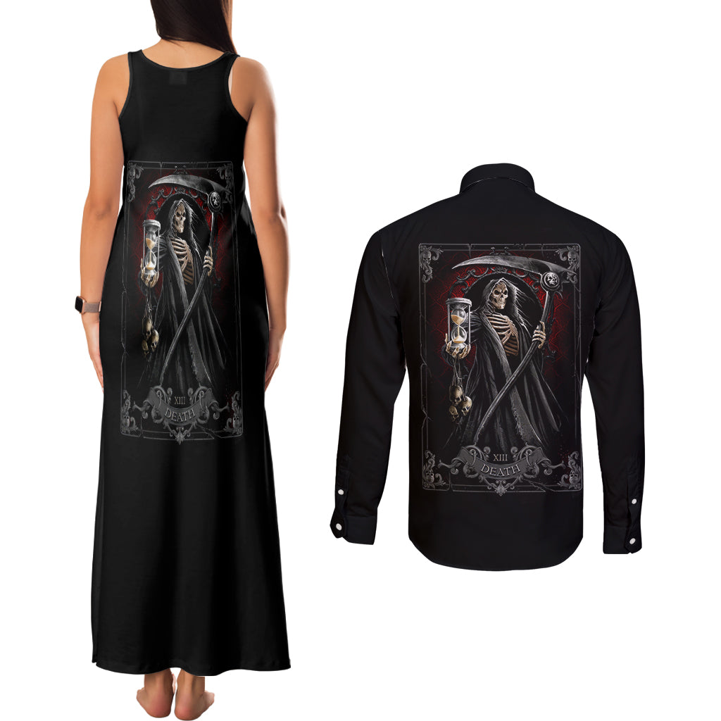 Skull Couples Matching Tank Maxi Dress and Long Sleeve Button Shirts Death Reaper Arcana - Wonder Print Shop