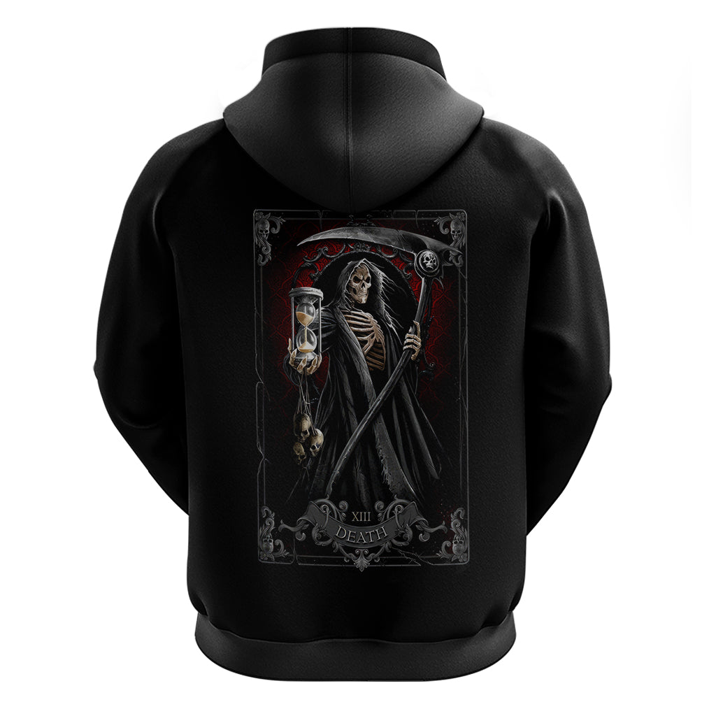 Black hoodie with back print of a skeletal reaper holding a scythe