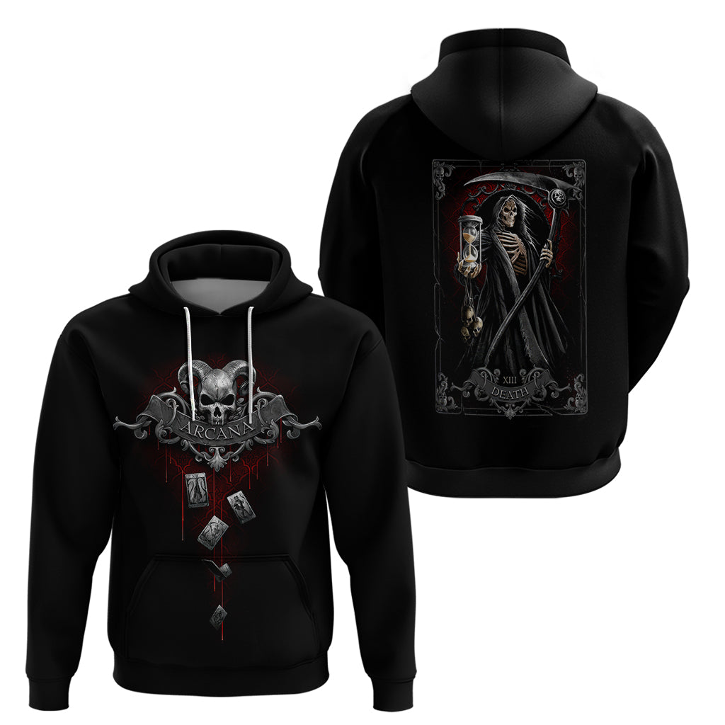 Black hoodie with front skull graphic and back reaper illustration