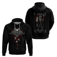 Black hoodie with front skull graphic and back reaper illustration