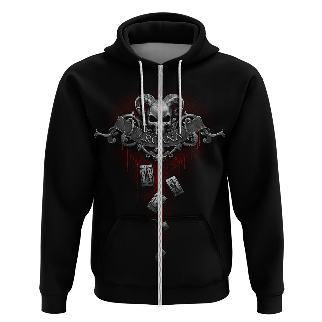 Black zip hoodie with skull-and-Arcana graphic centered on the chest
