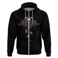Black zip hoodie with skull-and-Arcana graphic centered on the chest