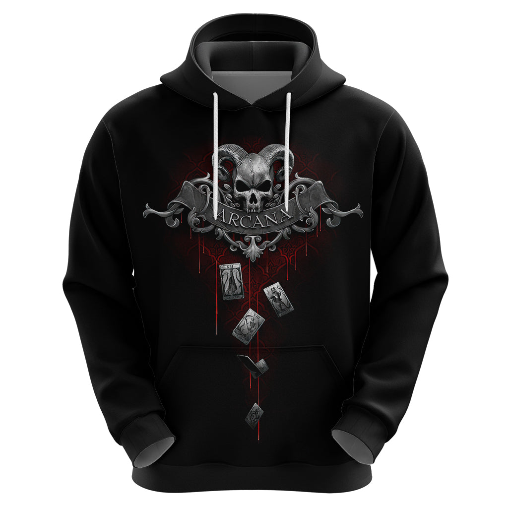 Black pullover hoodie with centered skull-and-Arcana chest graphic