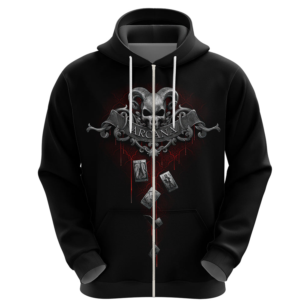 Black zip hoodie with centered skull-and-Arcana chest graphic and drawstrings