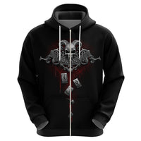 Black zip hoodie with centered skull-and-Arcana chest graphic and drawstrings