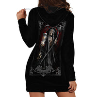Black hoodie dress with hood and large skeleton/arcana print on back, long sleeves