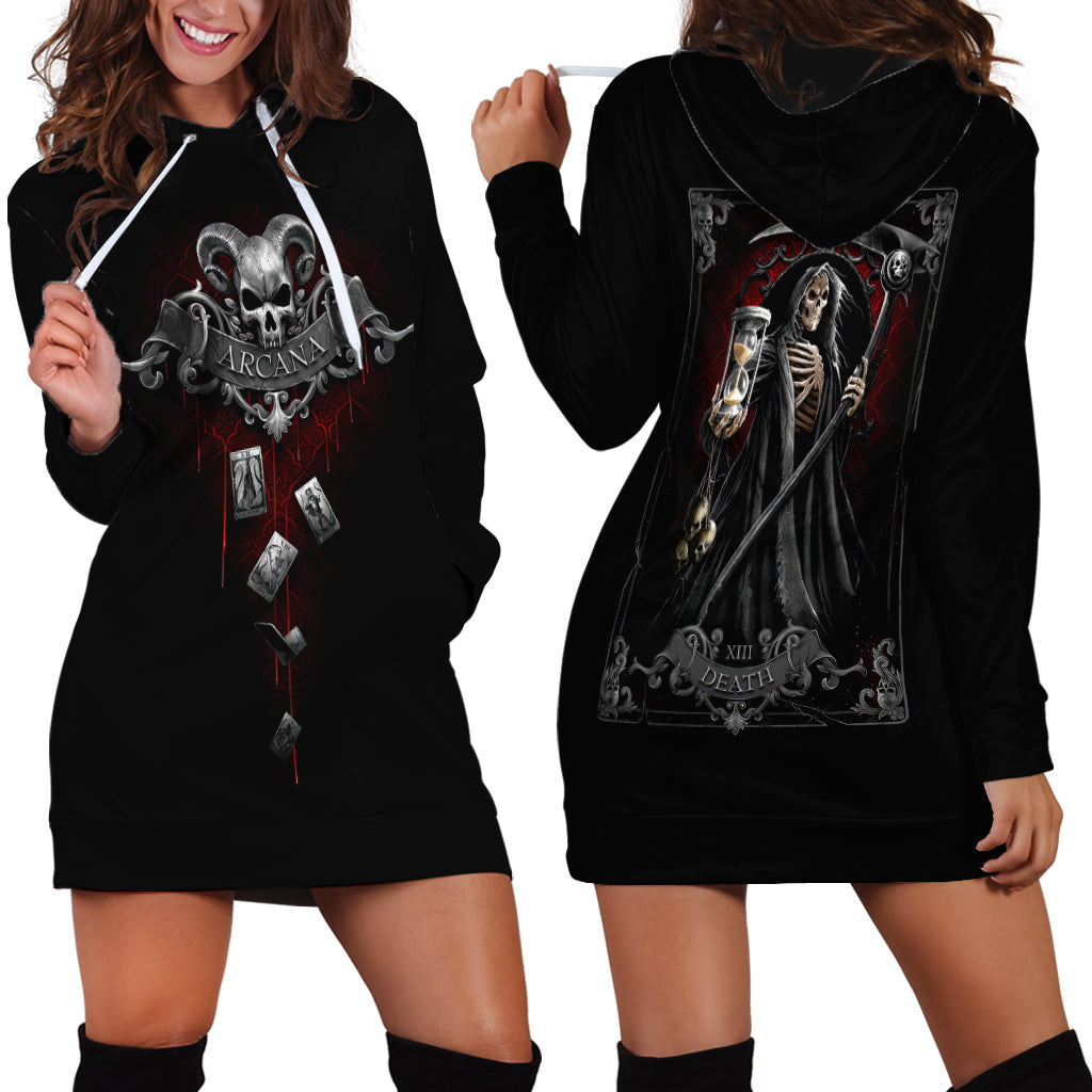 Black hoodie dress with front skull and back skeleton graphics, hood, long sleeves