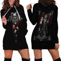 Black hoodie dress with front skull and back skeleton graphics, hood, long sleeves