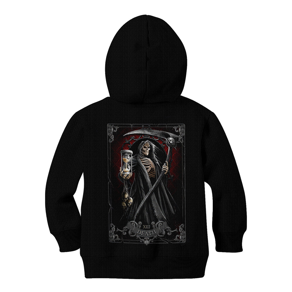 Black pullover hoodie with hood and large back reaper skeleton graphic, long sleeves