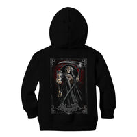 Black pullover hoodie with hood and large back reaper skeleton graphic, long sleeves