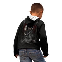 Black pullover hoodie on a child with hood up and large back reaper graphic