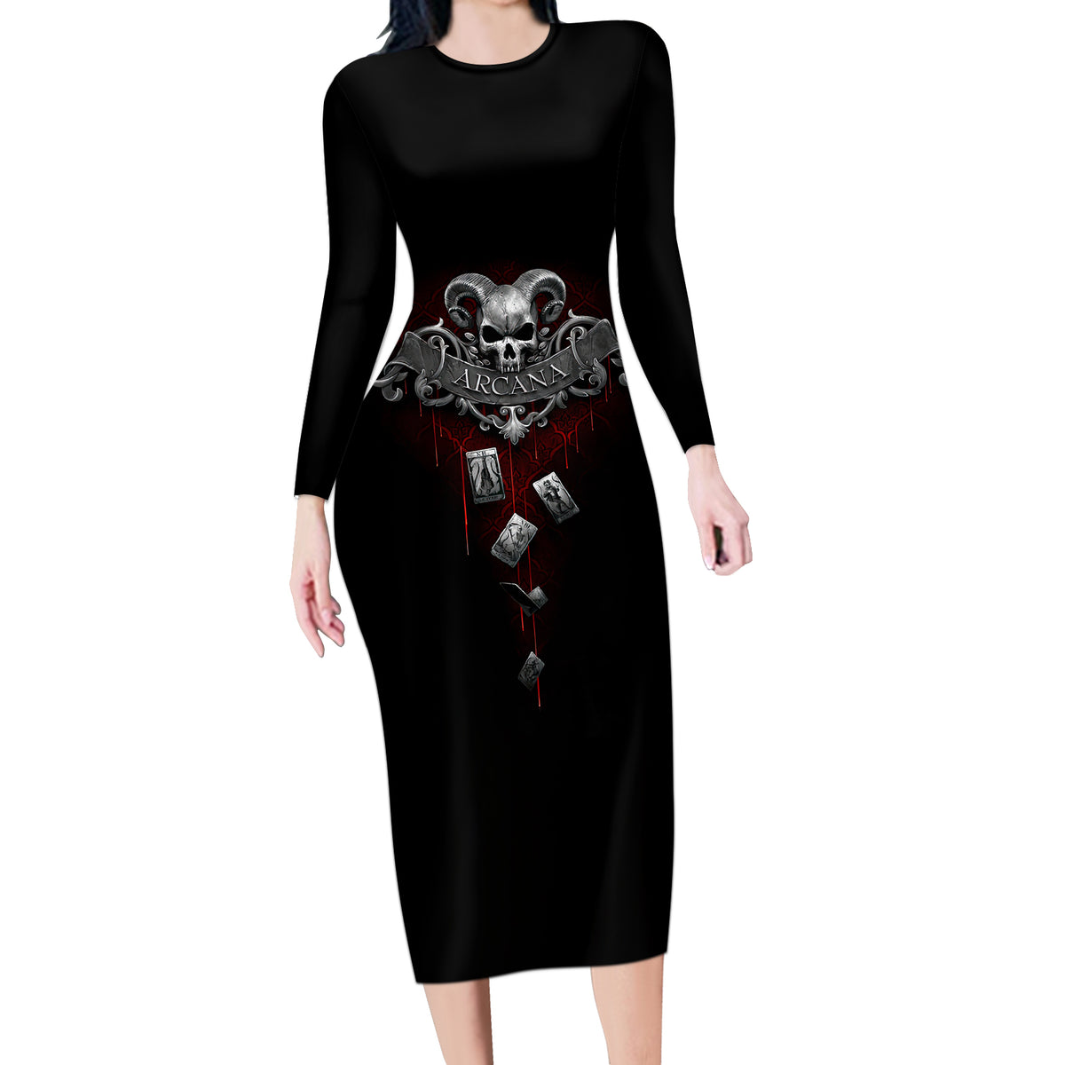 Skull Long Sleeve Bodycon Dress Death Reaper Arcana - Wonder Print Shop