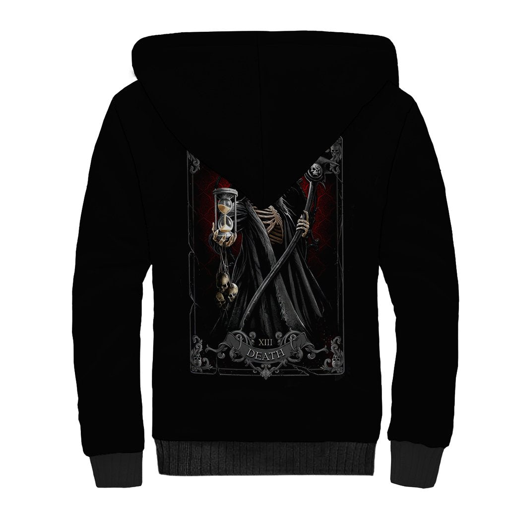 Unisex black sherpa-lined zip hoodie with Death Reaper graphic on back and ribbed hem