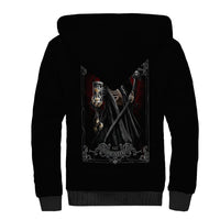 Unisex black sherpa-lined zip hoodie with Death Reaper graphic on back and ribbed hem