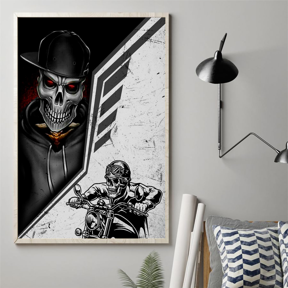 Skull Canvas Wall Art Riding Motocycle - Wonder Print Shop