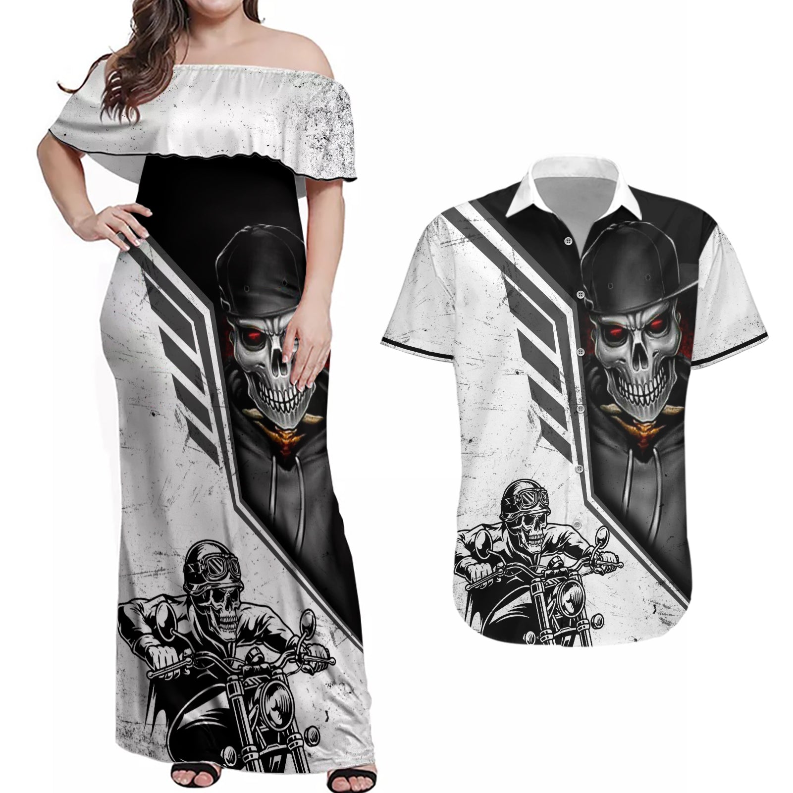 Skull Couples Matching Off Shoulder Maxi Dress and Hawaiian Shirt Riding Motocycle - Wonder Print Shop