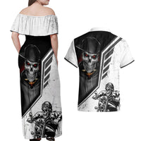 Skull Couples Matching Off Shoulder Maxi Dress and Hawaiian Shirt Riding Motocycle - Wonder Print Shop